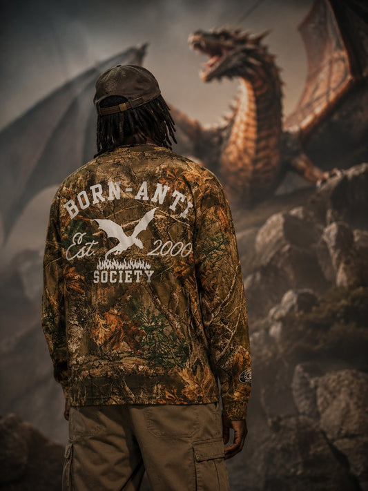 Born Anti Society Camo Duck Pocket Tee (Long Sleeve) in Realtree Edge worn on model
