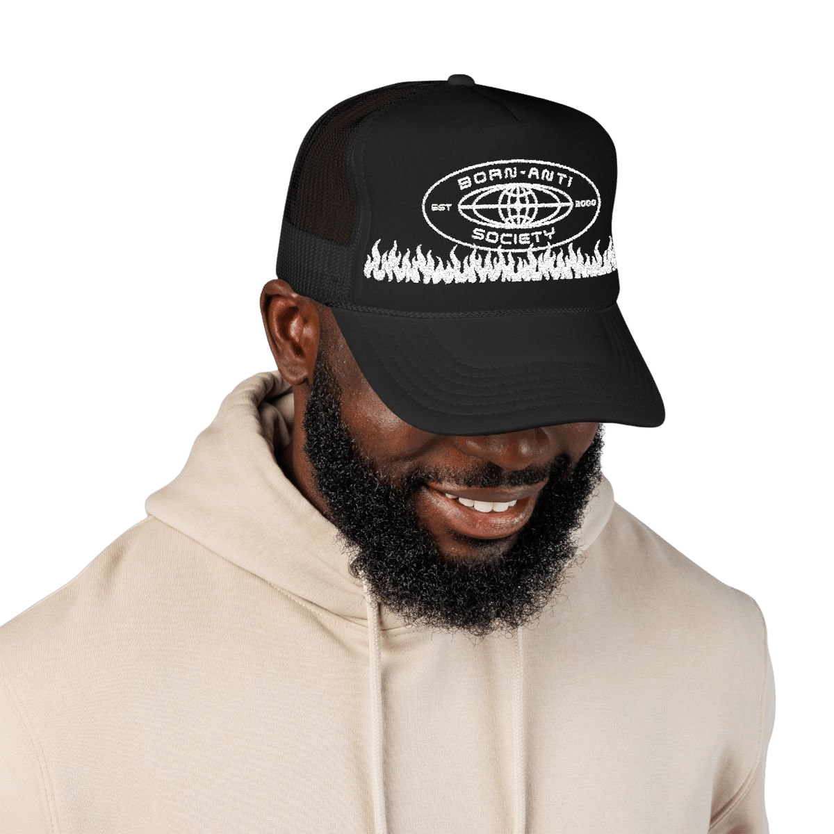 Born Anti Embroidered Foam Trucker Hat in Black worn on model