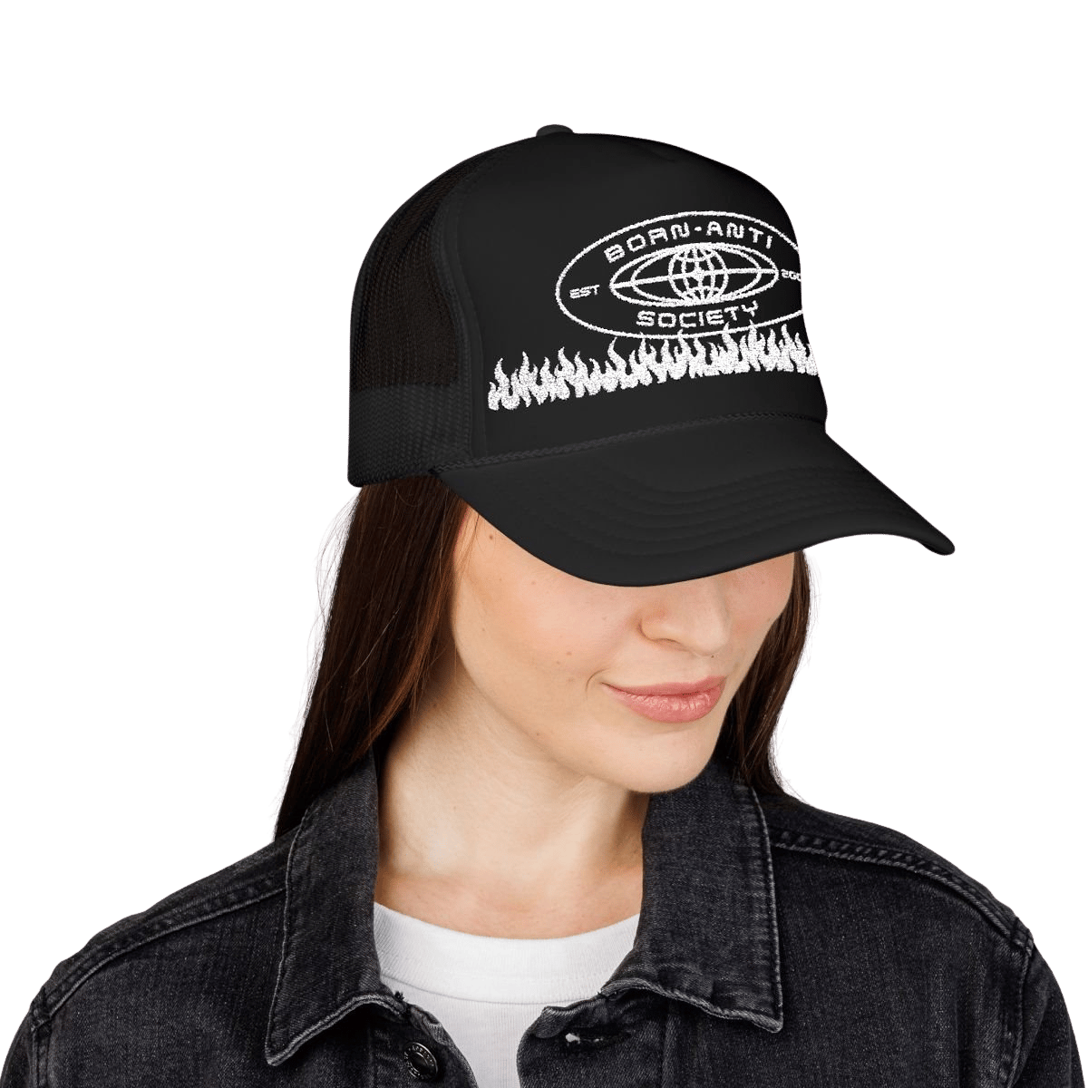 Born Anti Embroidered Foam Trucker Hat in Black worn on model